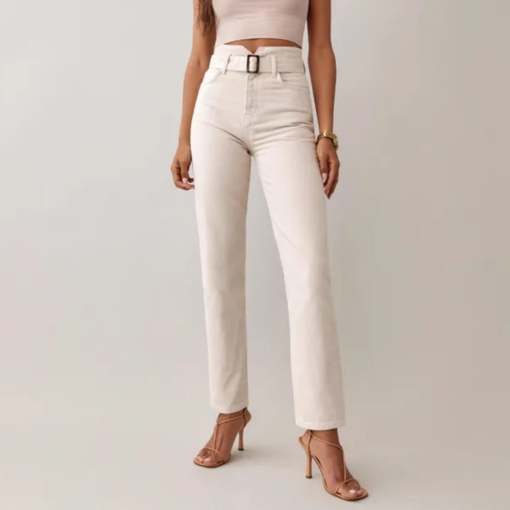 NWT Reformation Cynthia Belted High Rise Straight Jeans in Bone Cream Size 25
